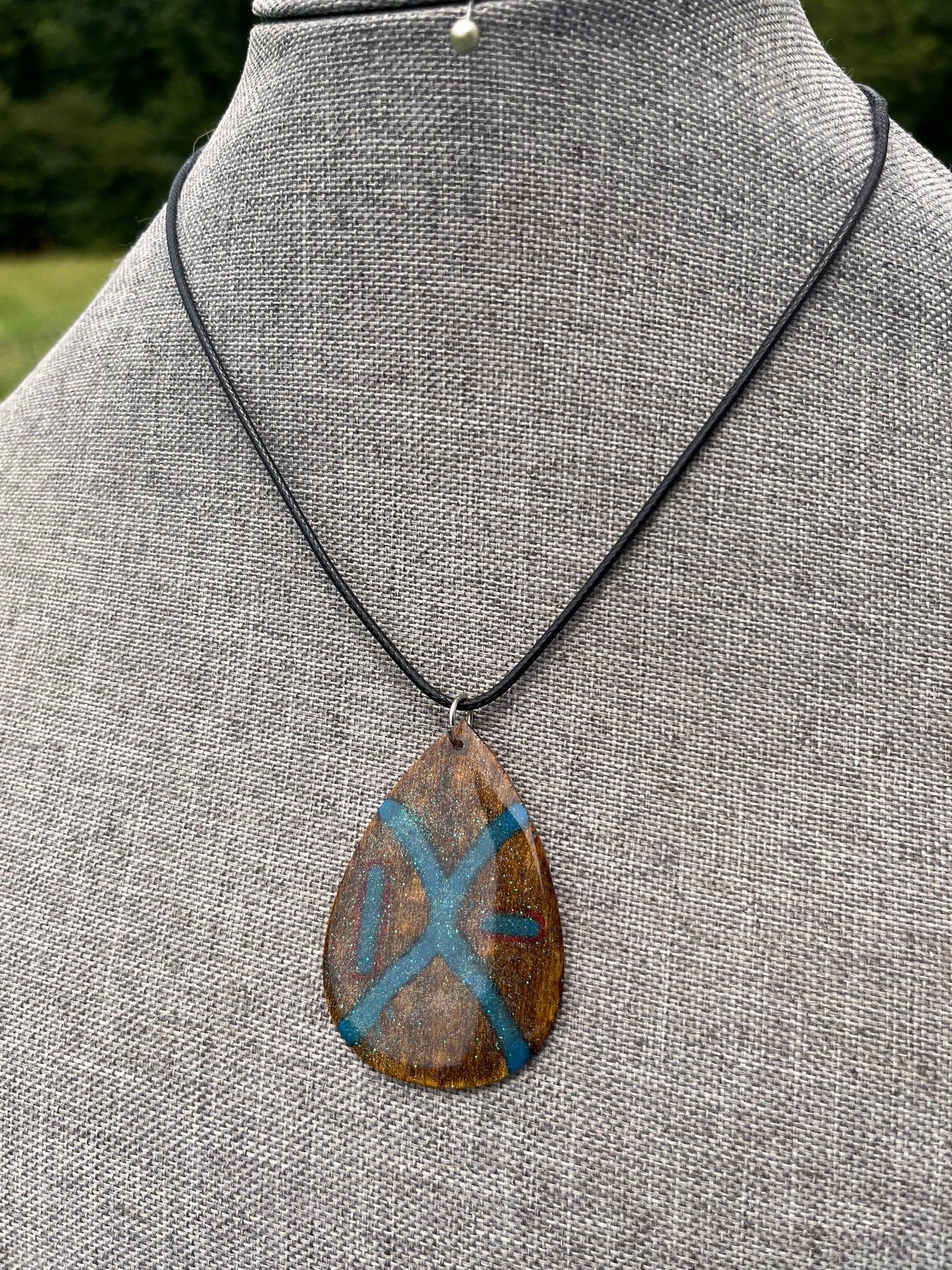 Wood Tear Drop Pendant (Blue)