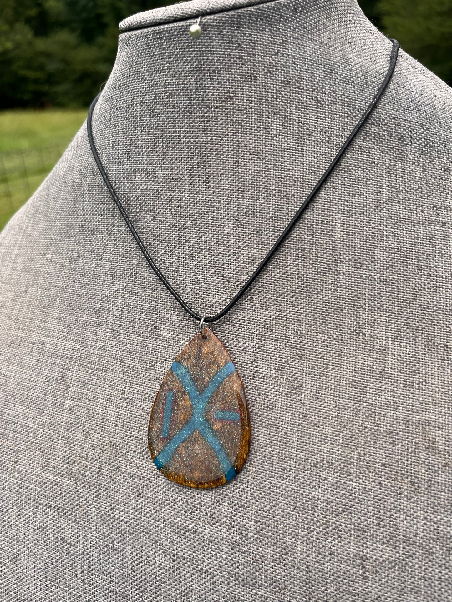 Wood Tear Drop Pendant (Blue)