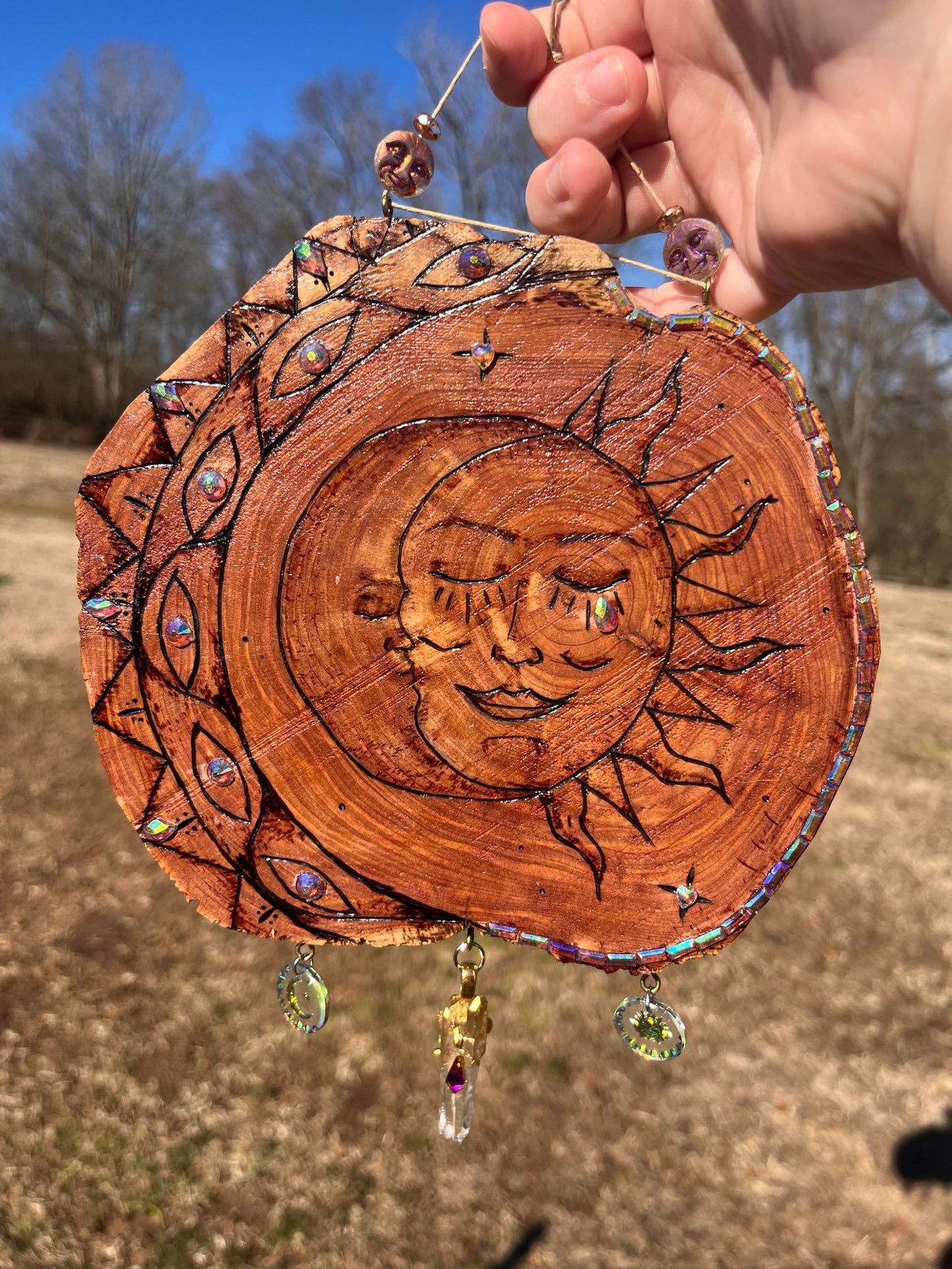 Cedar Sun and Moon Wood Burned Wall Hanging