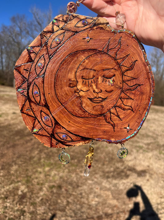 Cedar Sun and Moon Wood Burned Wall Hanging