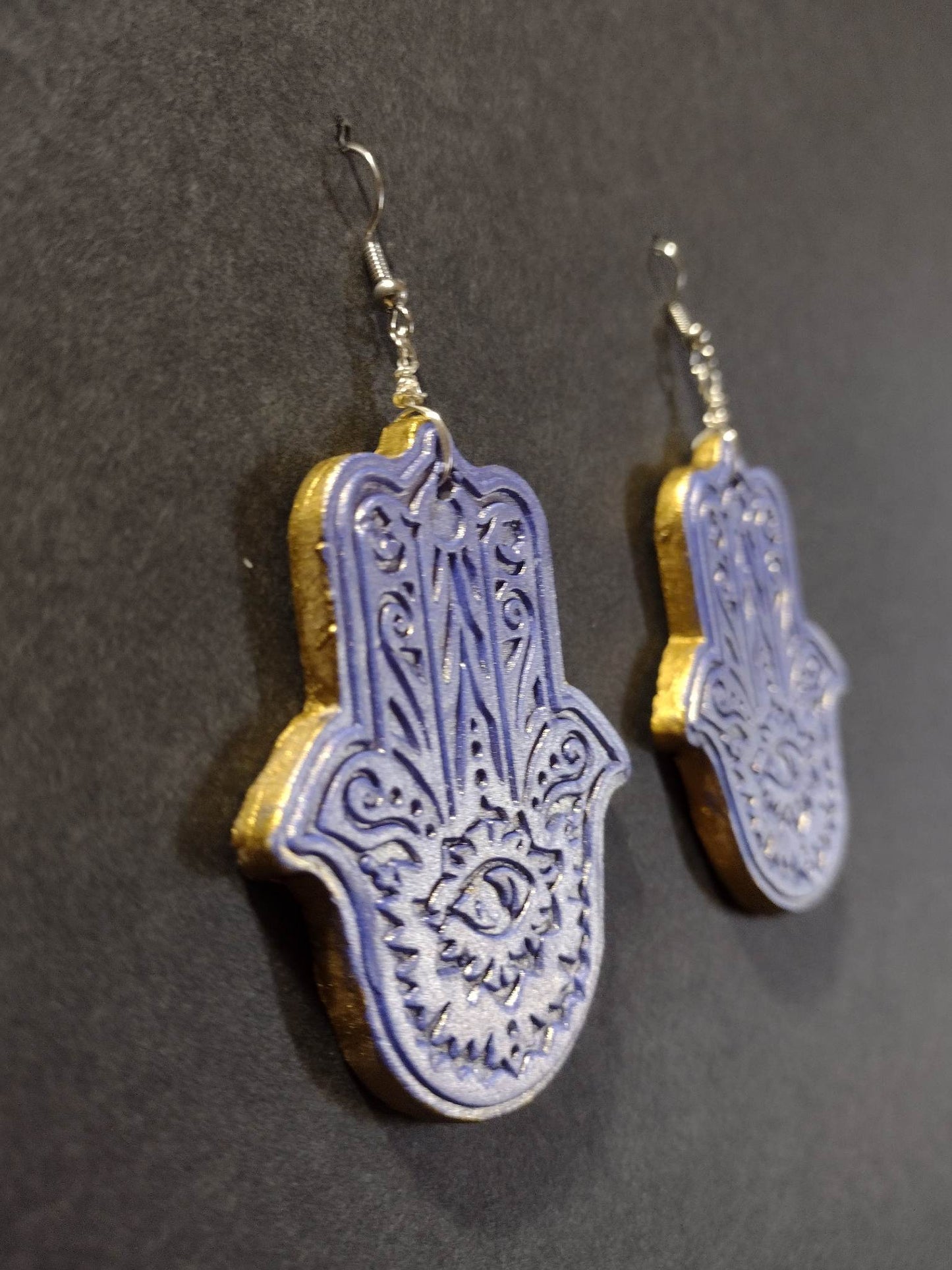 Purple and Gold Gilded Hamsa Earrings